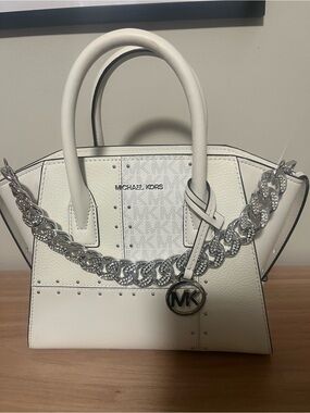 Michael Kors White Leather Satchel with Silver Chain Accent